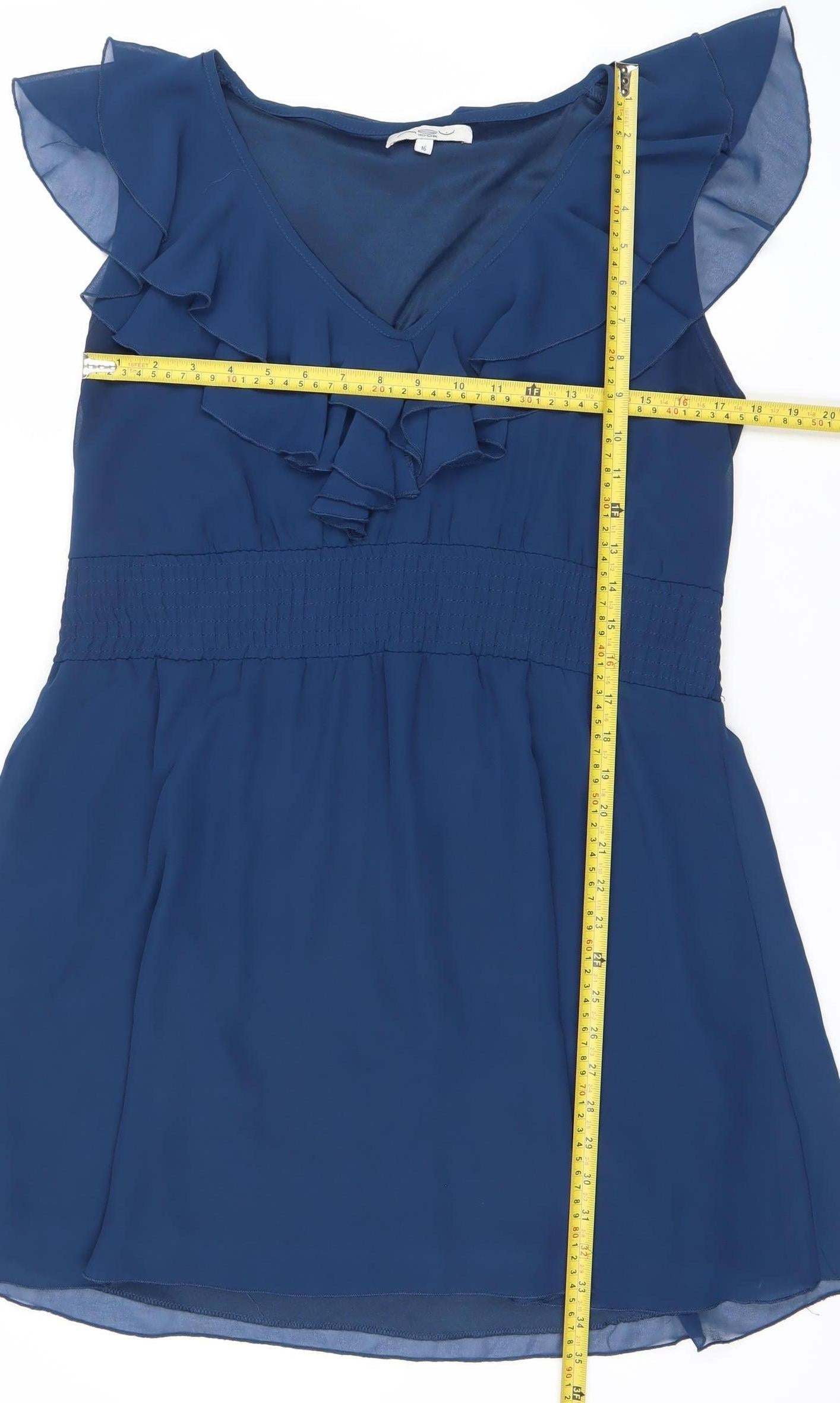 LOOK Women Blue Size 16 A-Line V-Neck Ruffle Chiffon Dress