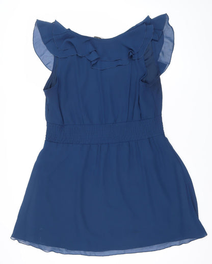 LOOK Women Blue Size 16 A-Line V-Neck Ruffle Chiffon Dress