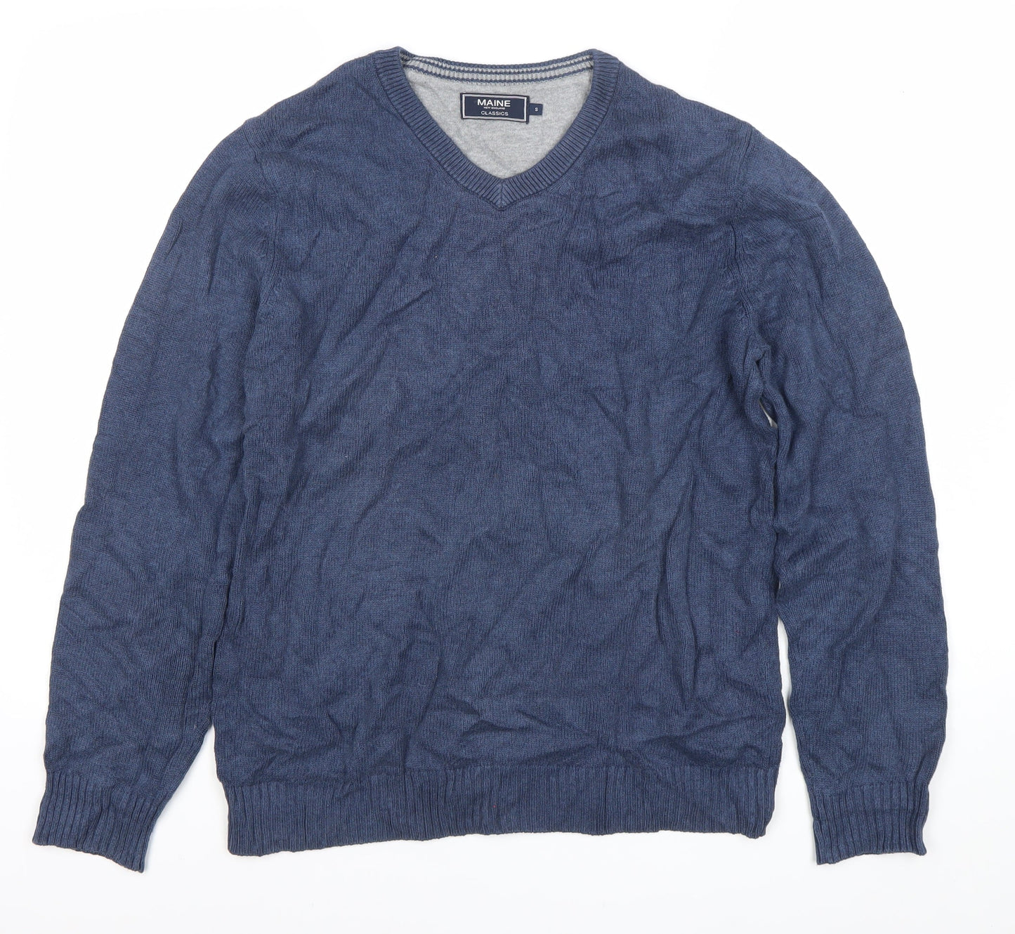 Maine New England Men's Blue Cotton V-Neck Jumper Size S