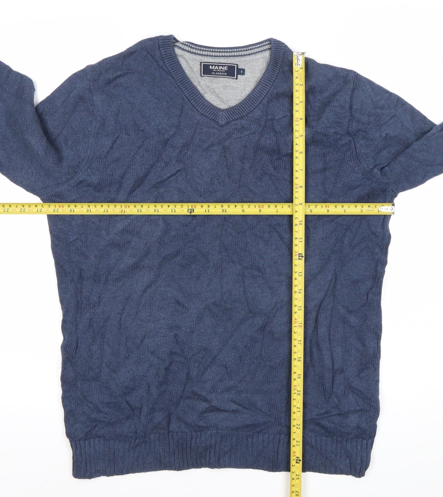 Maine New England Men's Blue Cotton V-Neck Jumper Size S