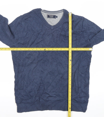 Maine New England Men's Blue Cotton V-Neck Jumper Size S
