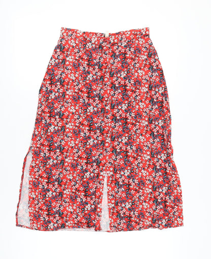 Oasis Womens Red Floral Midi A-Line Skirt Size 8 Zip Casual Summer