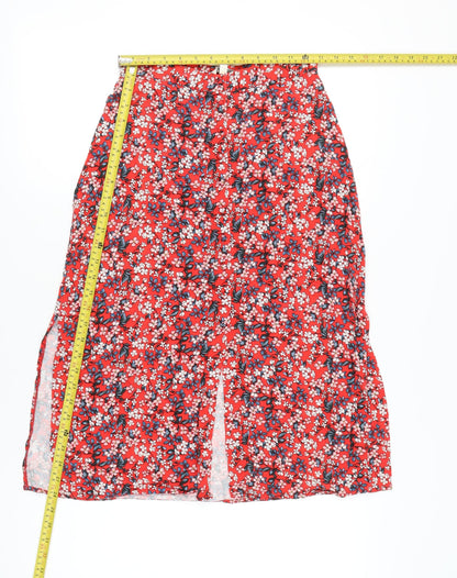 Oasis Womens Red Floral Midi A-Line Skirt Size 8 Zip Casual Summer