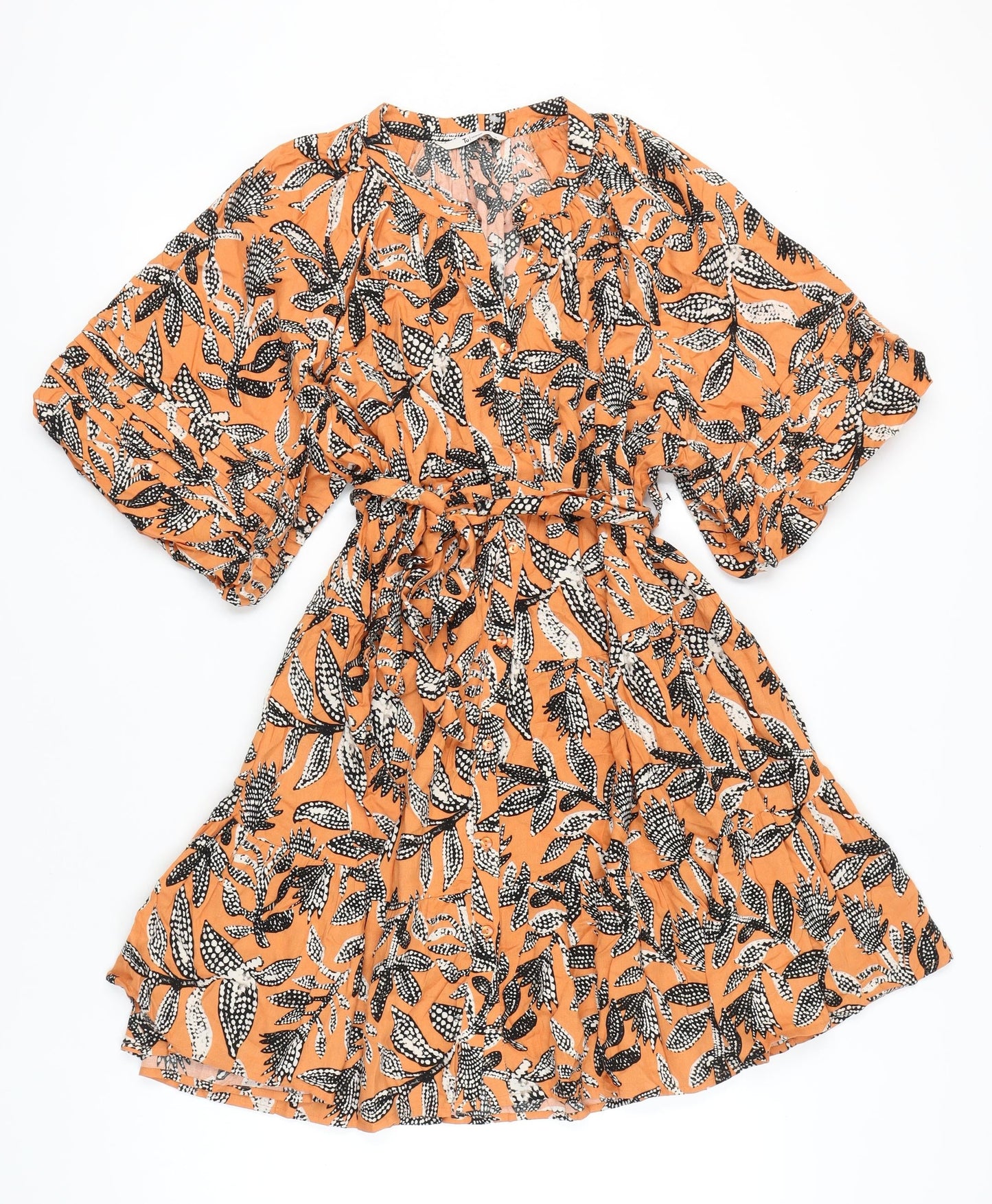 Tu Women Orange Floral A-Line Dress Size 14 Half Sleeve V-Neck