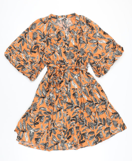 Tu Women Orange Floral A-Line Dress Size 14 Half Sleeve V-Neck