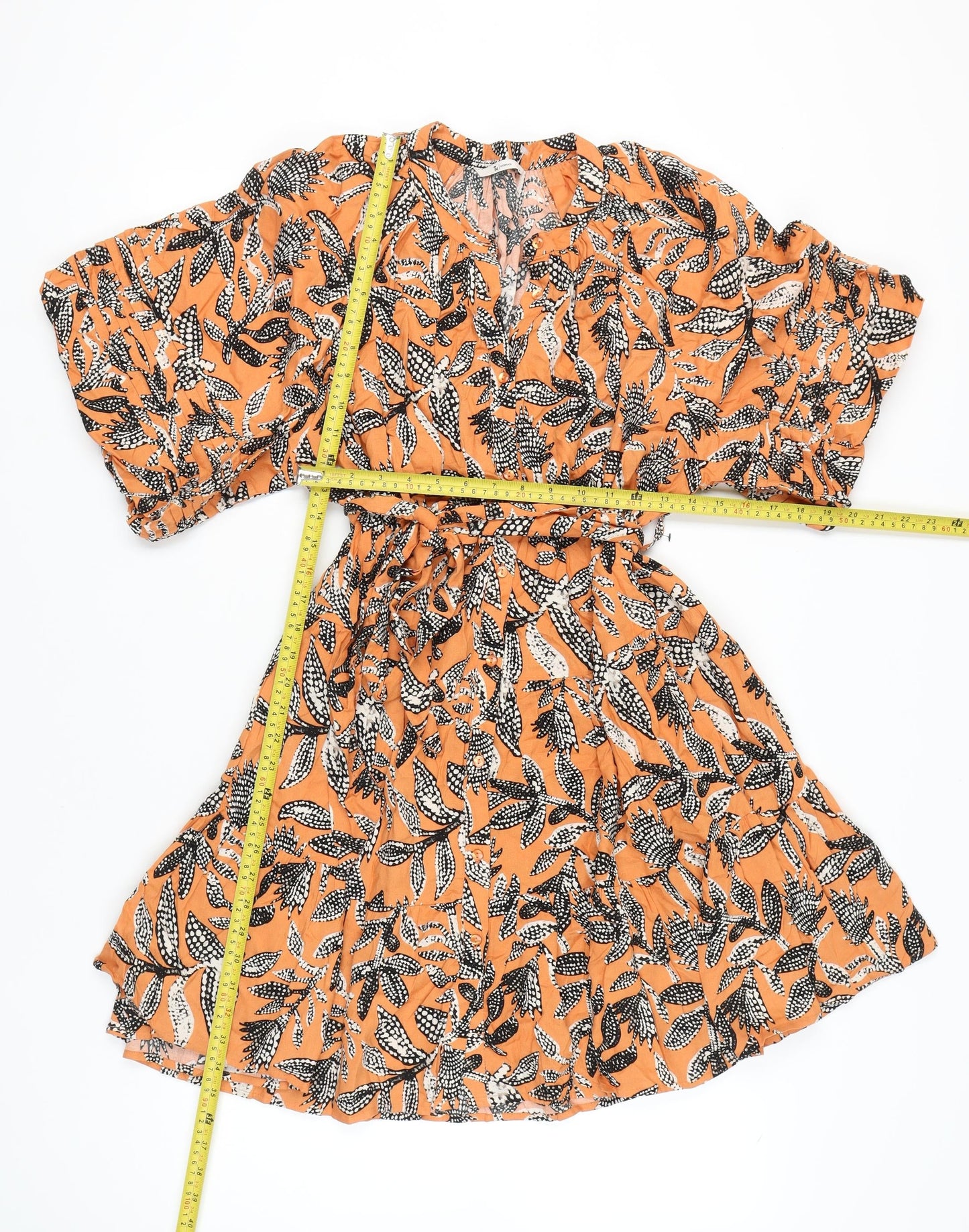 Tu Women Orange Floral A-Line Dress Size 14 Half Sleeve V-Neck