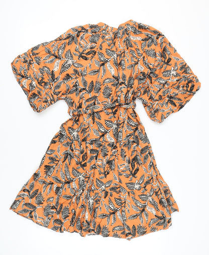 Tu Women Orange Floral A-Line Dress Size 14 Half Sleeve V-Neck