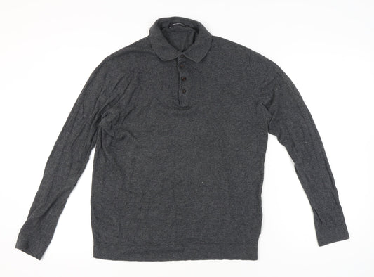 French Connection Men's Grey Cotton Wool Collared Henley Jumper L