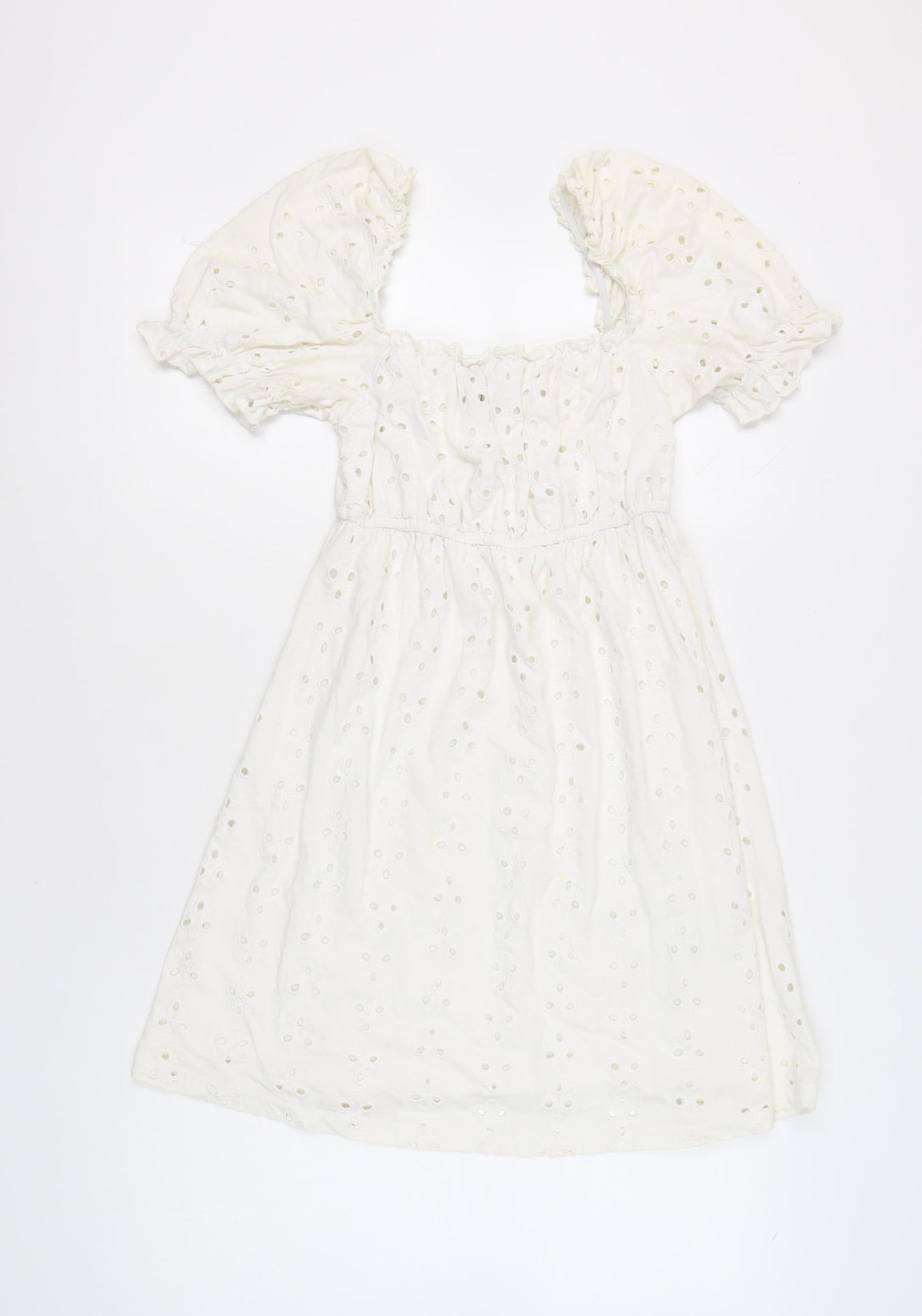 ASOS Women White Size 8 A-Line Puff Sleeve Knee Length Cotton Dress
