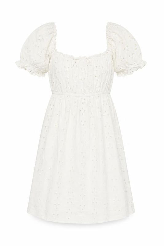 Front view of ASOS Women White, size 8, A-Line Puff Sleeve Knee Length Cotton Dress