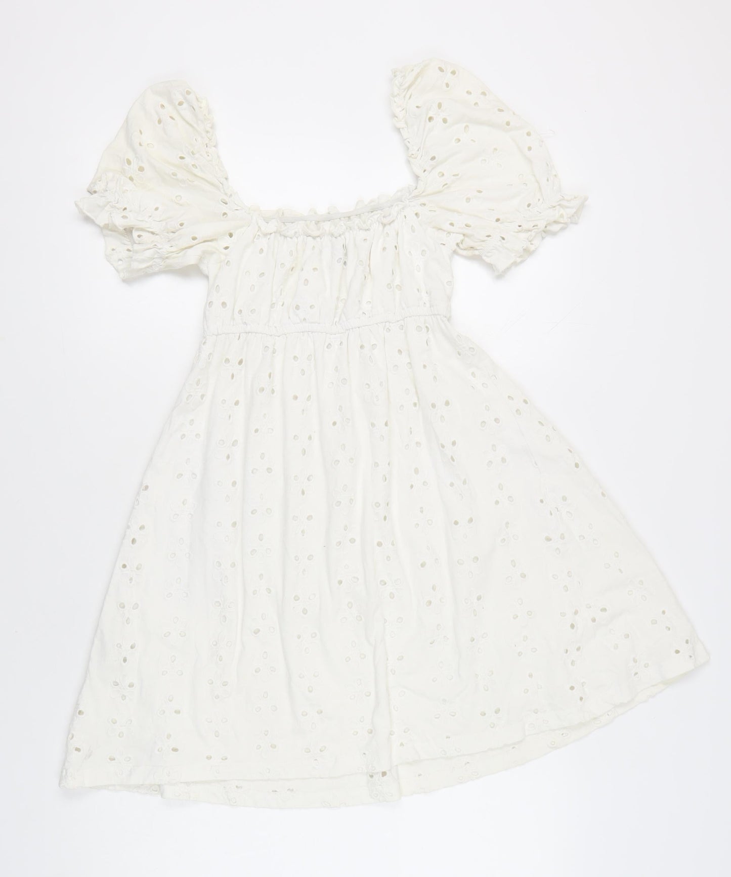 ASOS Women White Size 8 A-Line Puff Sleeve Knee Length Cotton Dress