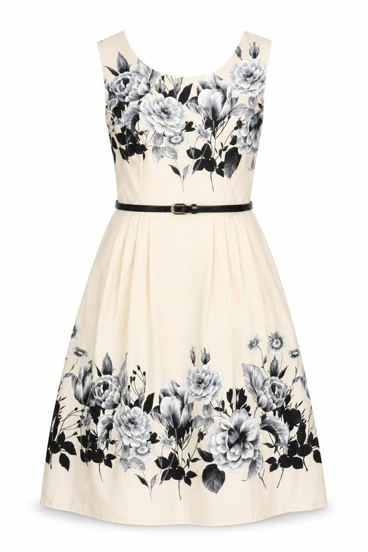 Debut Women's Beige Floral Fit & Flare Dress Size 12 Scoop Neck Sleeveless