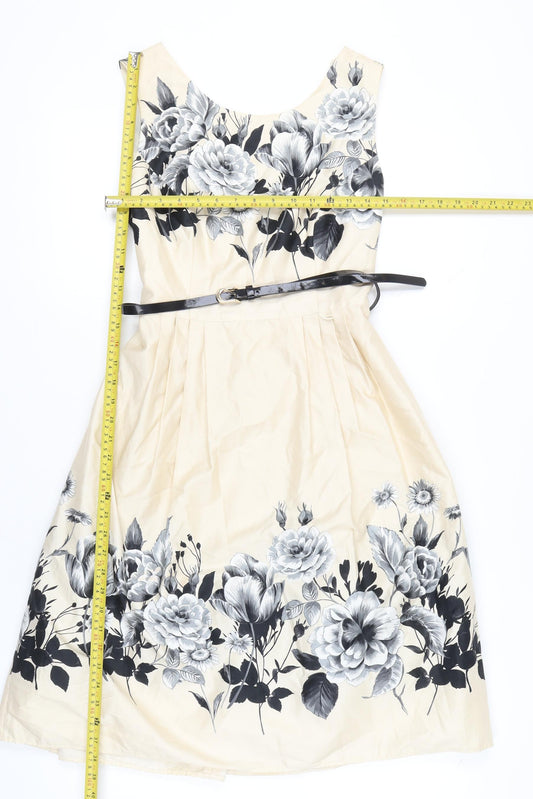 Début Women's Beige Floral Fit & Flare Dress Size 12 Scoop Neck Sleeveless