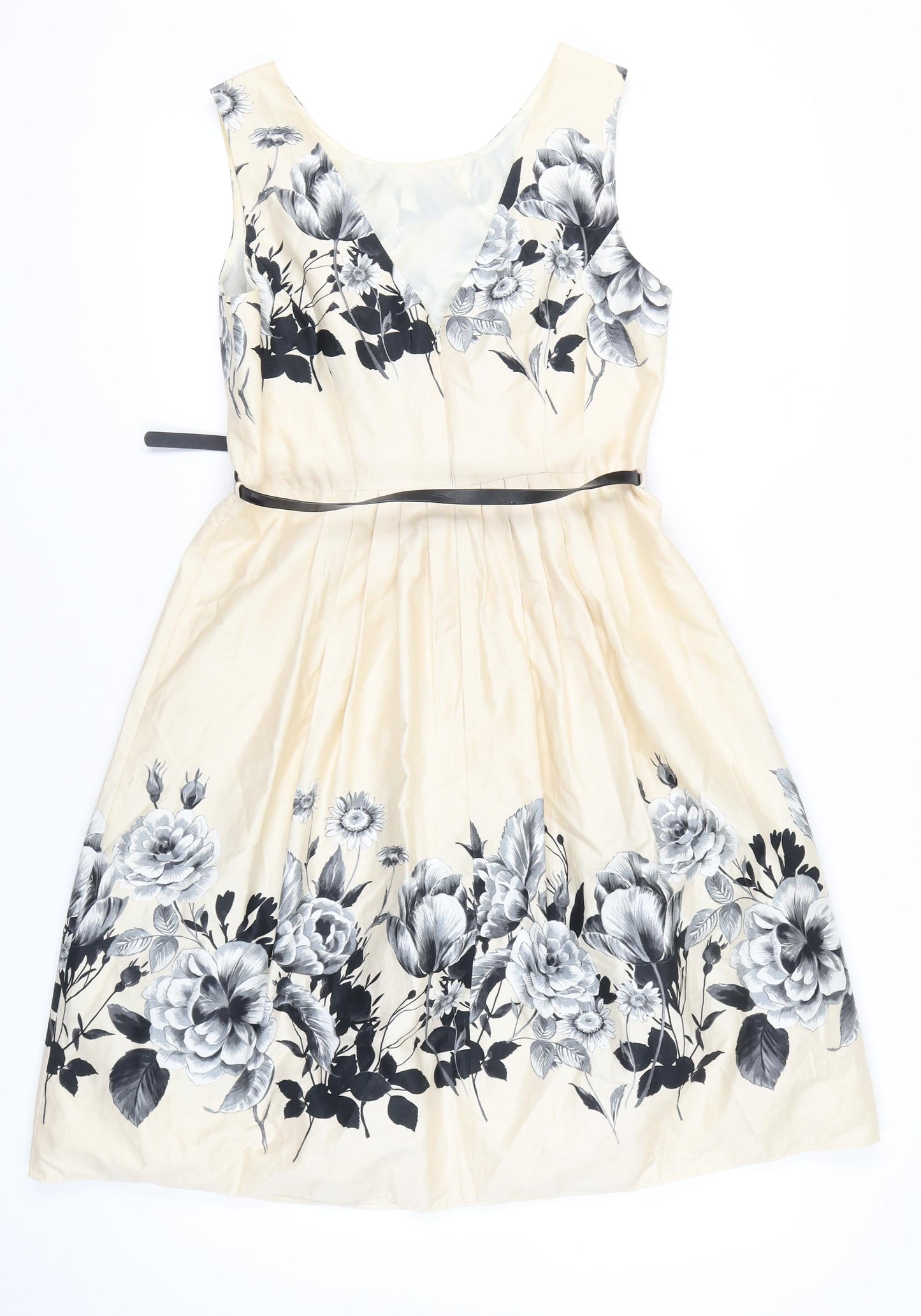 Début Women's Beige Floral Fit & Flare Dress Size 12 Scoop Neck Sleeveless