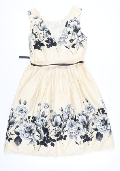 Début Women's Beige Floral Fit & Flare Dress Size 12 Scoop Neck Sleeveless