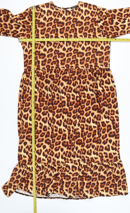 Boohoo Women’s Leopard Print Midi Shift Dress Size 18 3/4 Sleeve