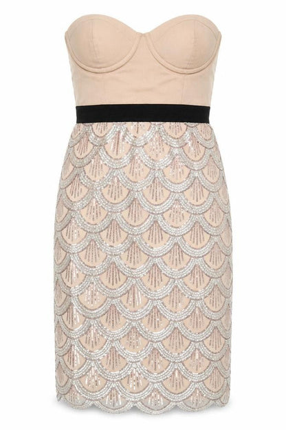 Rare London Women’s Beige Strapless Sequin Knee Length Dress UK 10