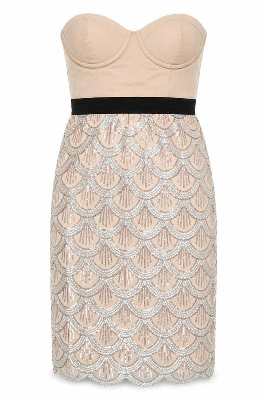 Rare London Women’s Beige Strapless Sequin Knee Length Dress UK 10