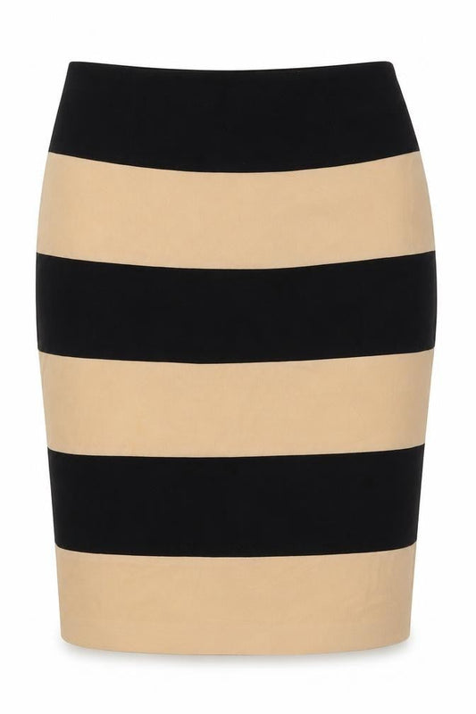 Front view of Principles by Ben de Lisi Women’s Black Beige Striped Pencil Skirt, size UK 12