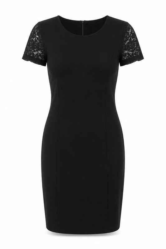 Front view of b.young Women’s Black Sheath Lace Knee Length Dress, size S