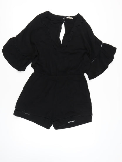 H&M Womens Black Viscose 3/4 Flared Sleeve Playsuit Size 10