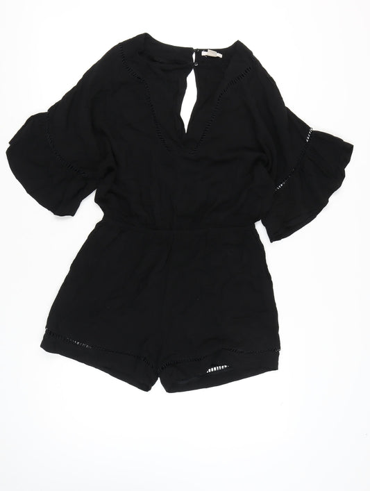 H&M Womens Black Viscose 3/4 Flared Sleeve Playsuit Size 10