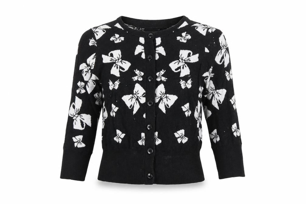Front view of By Henry Holland women’s black cotton cardigan, size UK 8, crew neck