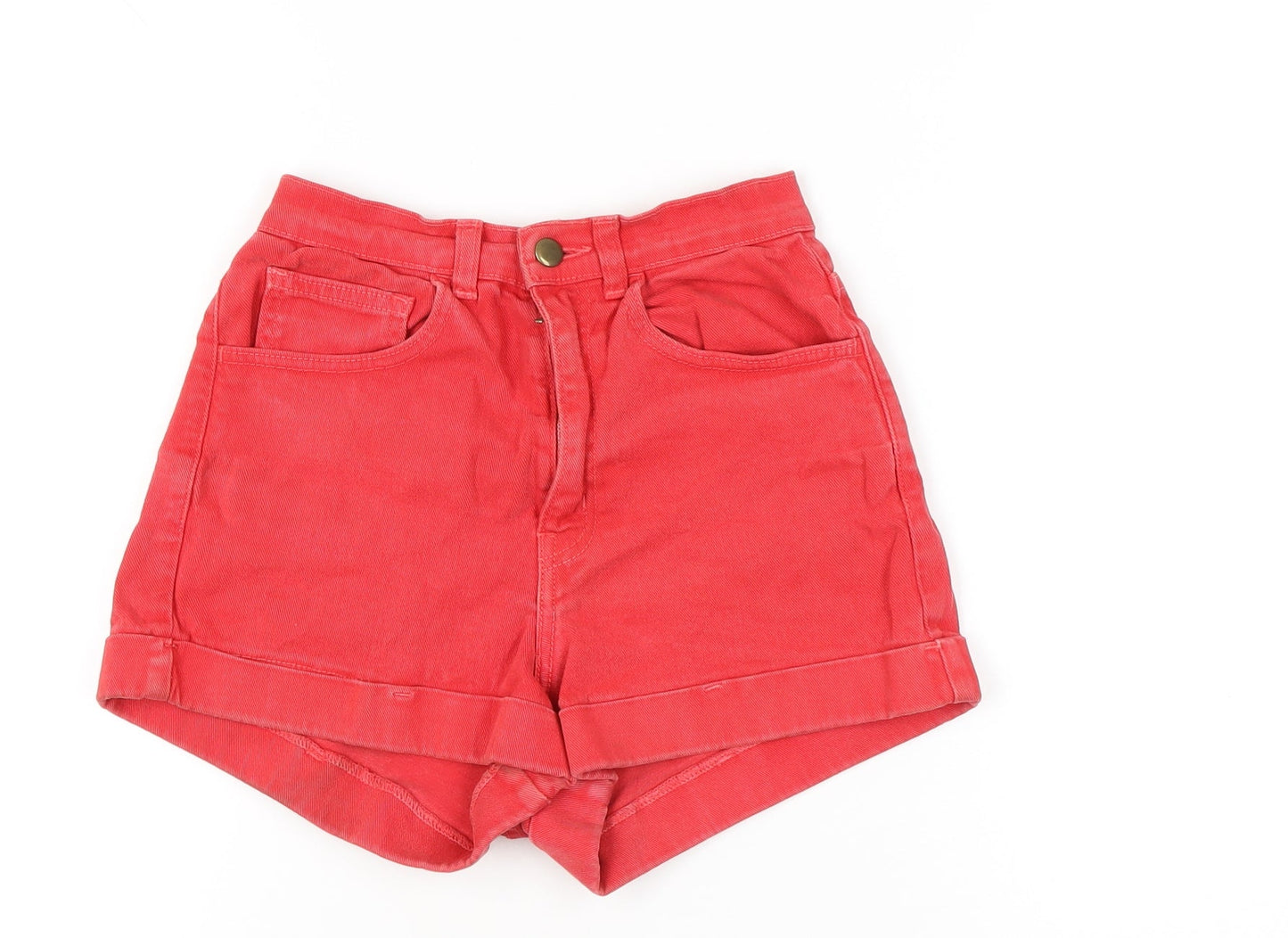 American Apparel Womens Red Denim High Waist Cuffed Shorts Size 6