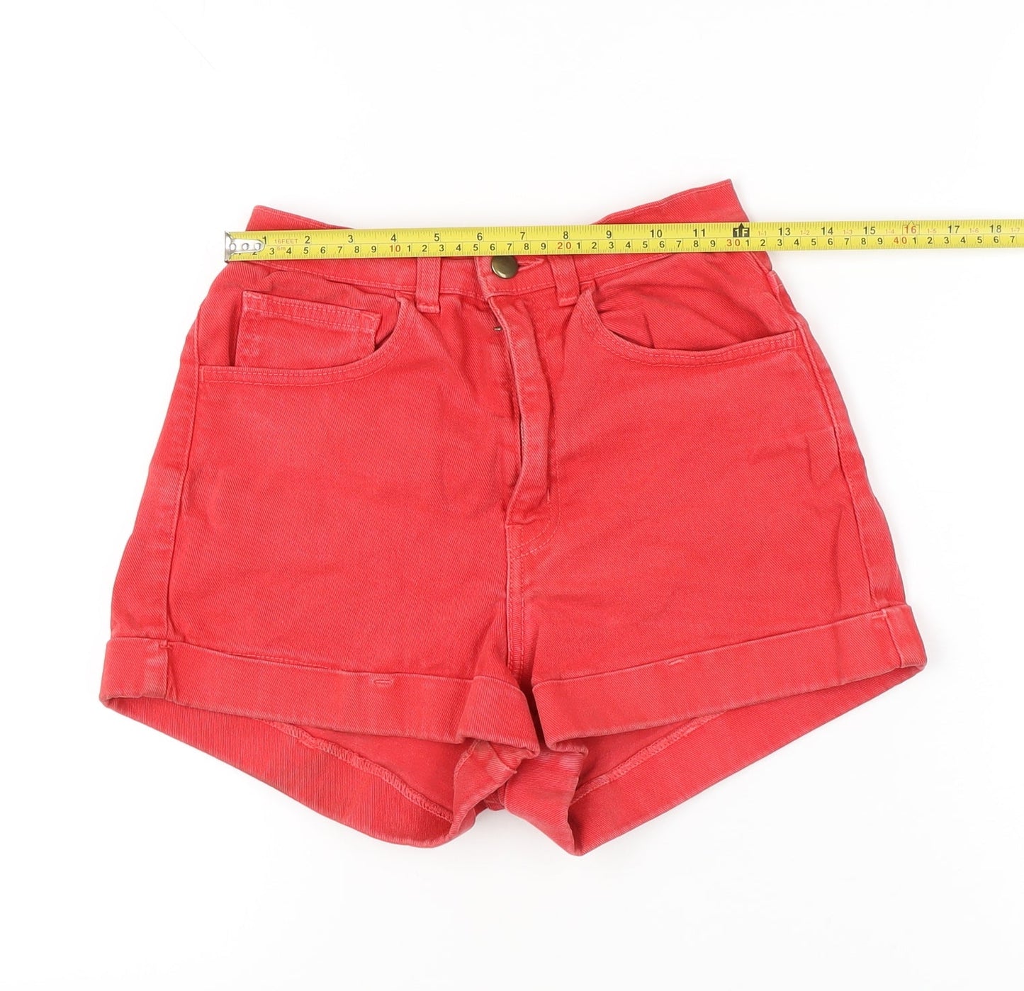 American Apparel Womens Red Denim High Waist Cuffed Shorts Size 6
