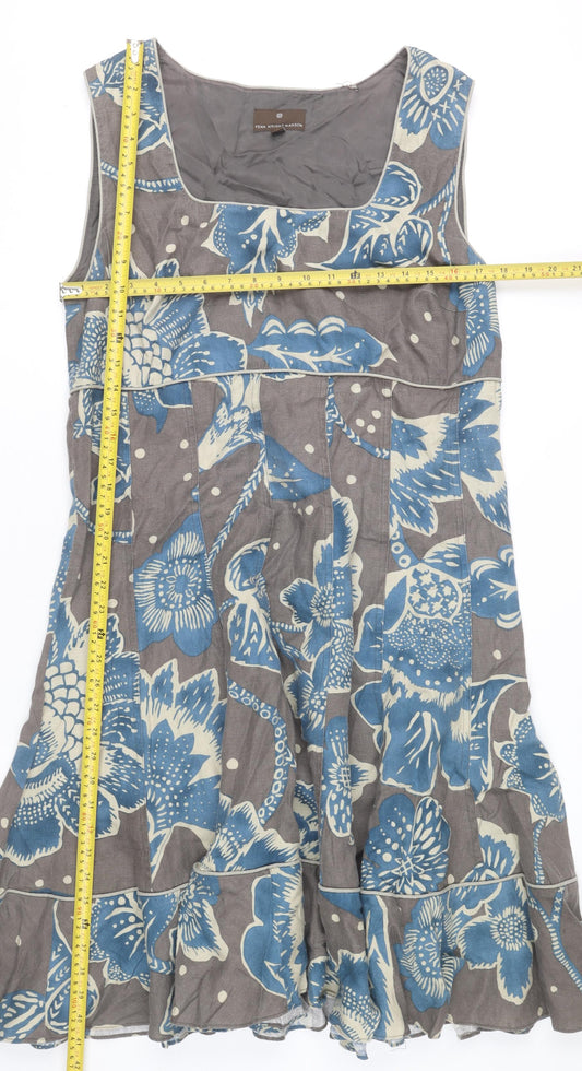 Fenn Wright Manson Women's Grey Blue Floral A-Line Linen Dress Size 18