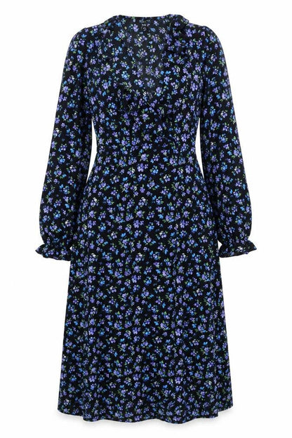 New Look Womens Black Floral Midi A-Line Dress UK 8 Long Sleeve