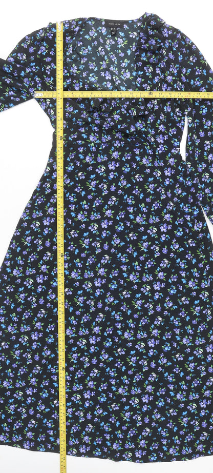 New Look Womens Black Floral Midi A-Line Dress UK 8 Long Sleeve