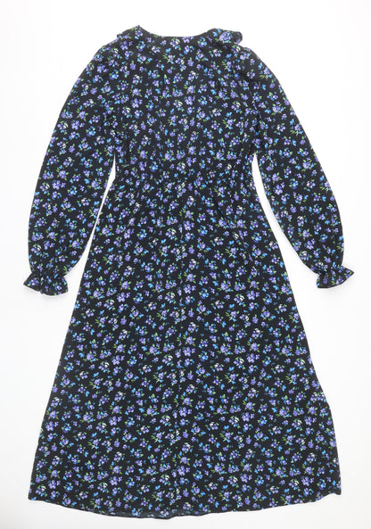 New Look Womens Black Floral Midi A-Line Dress UK 8 Long Sleeve