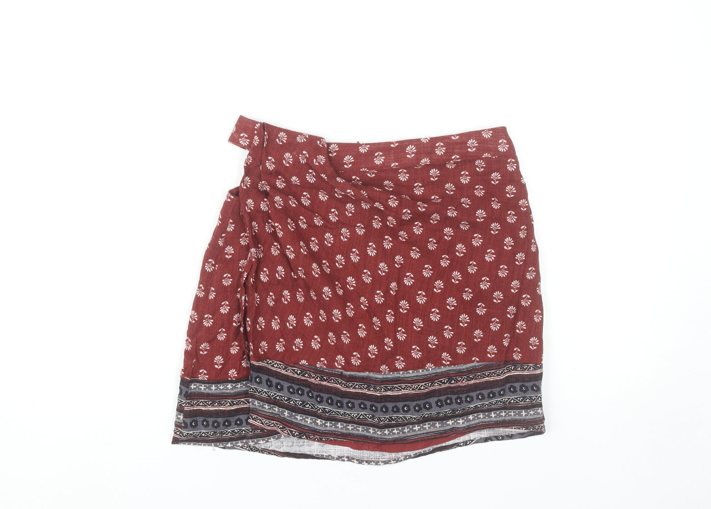 Pull&Bear Women Red Wrap Floral Short Skirt Size 12 Boho Viscose Blend