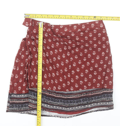 Pull&Bear Women Red Wrap Floral Short Skirt Size 12 Boho Viscose Blend