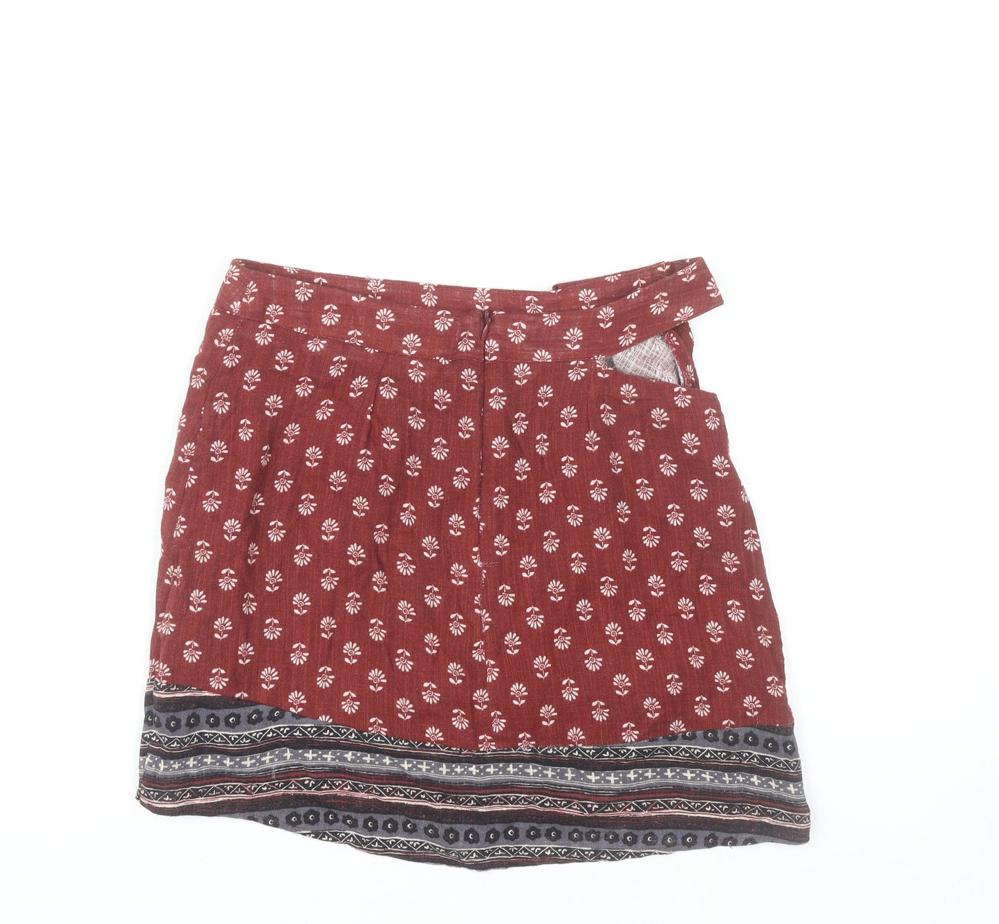 Pull&Bear Women Red Wrap Floral Short Skirt Size 12 Boho Viscose Blend