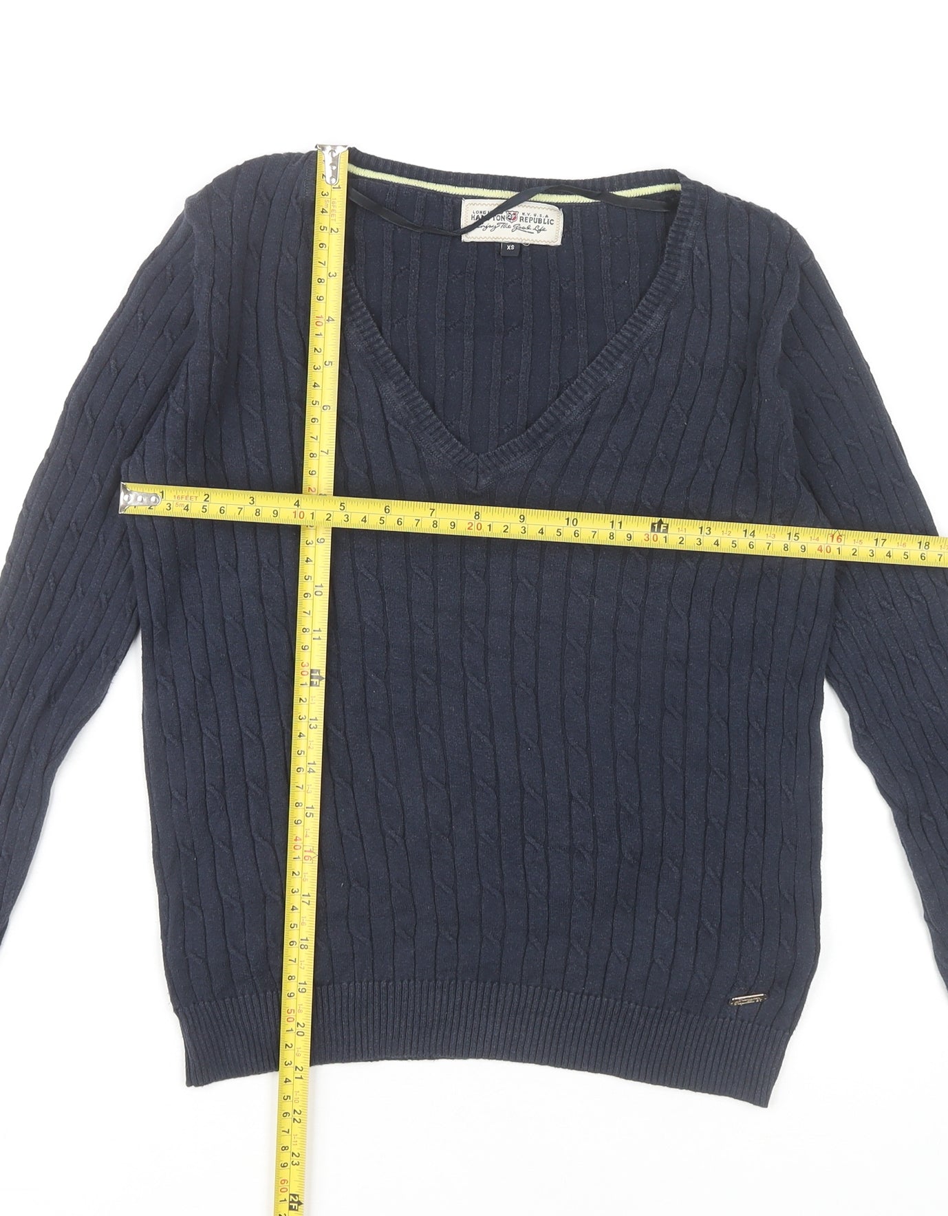 Hampton Republic Women’s Blue XS V-Neck Cable-Knit Jumper