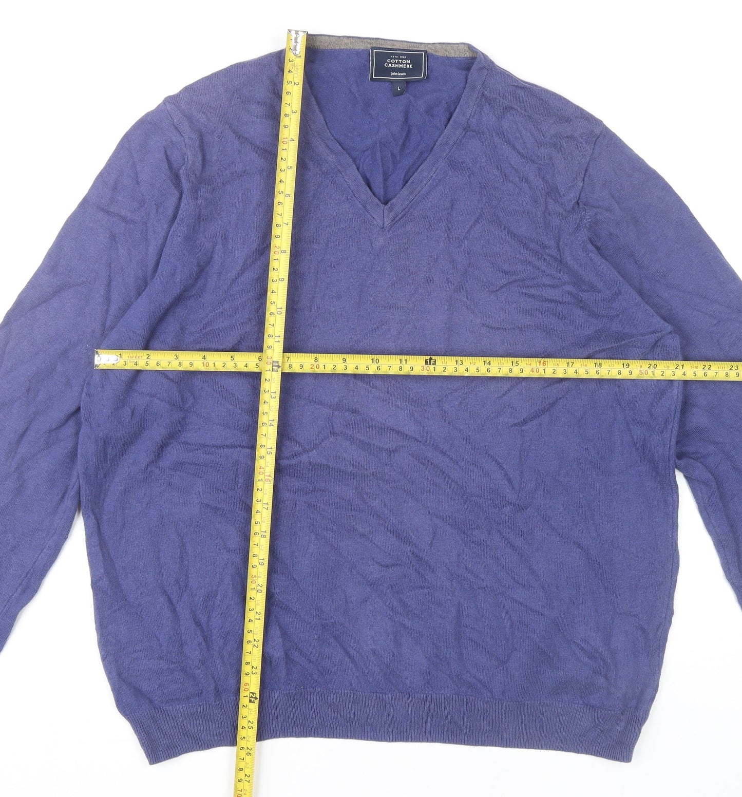 John Lewis Men’s Blue Cotton Cashmere V-Neck Jumper L