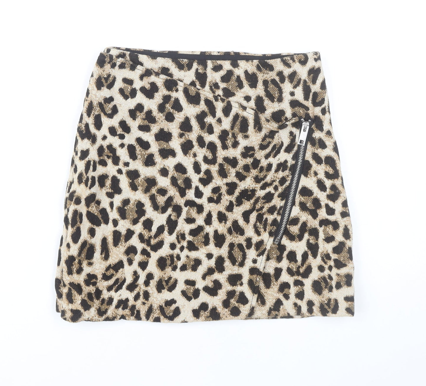 H&M Womens Beige Leopard Print Pencil Skirt Size 6 Cotton Zip Detail