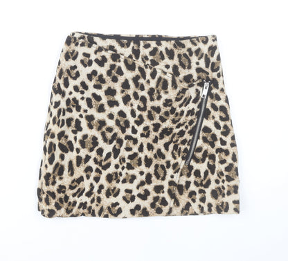H&M Womens Beige Leopard Print Pencil Skirt Size 6 Cotton Zip Detail