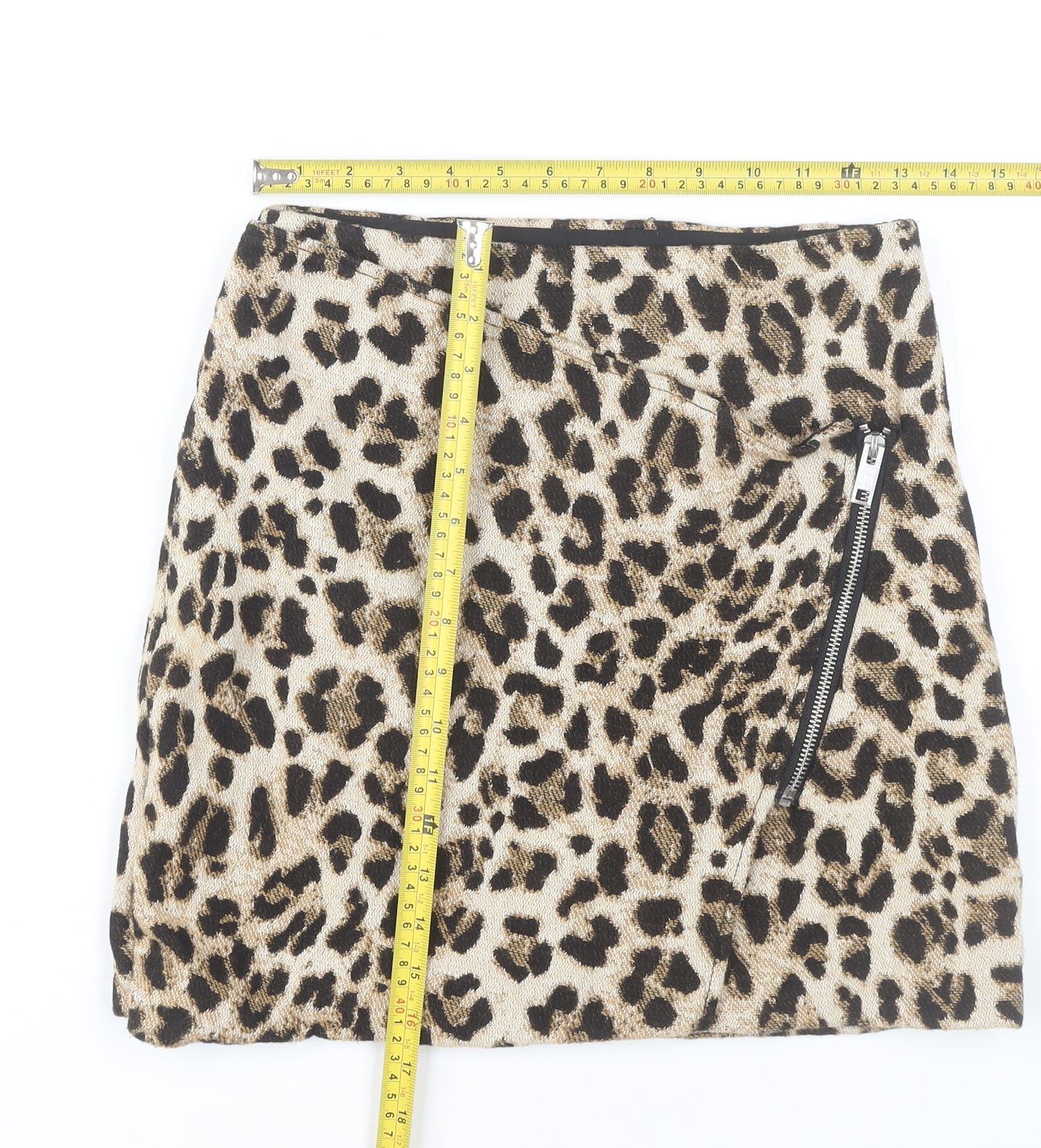 H&M Womens Beige Leopard Print Pencil Skirt Size 6 Cotton Zip Detail