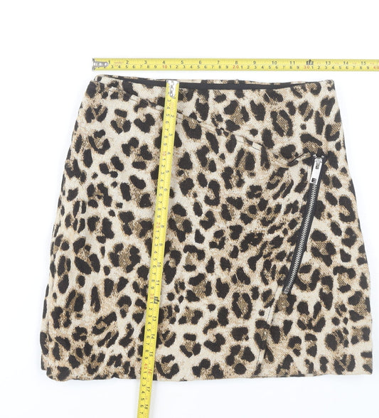 H&M Womens Beige Leopard Print Pencil Skirt Size 6 Cotton Zip Detail