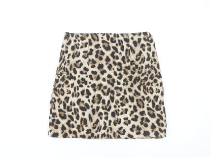 H&M Womens Beige Leopard Print Pencil Skirt Size 6 Cotton Zip Detail