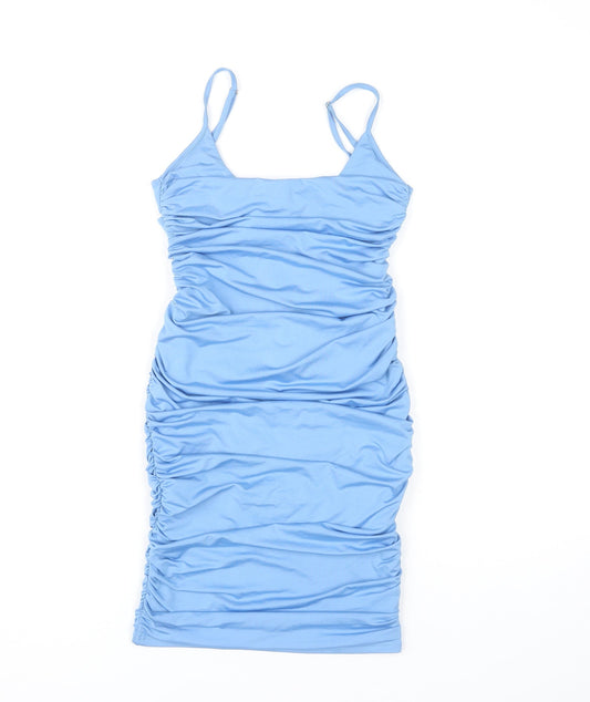 Oh Polly Women’s Blue Size 8 Bodycon Midi Dress Ruched Sleeveless Partywear