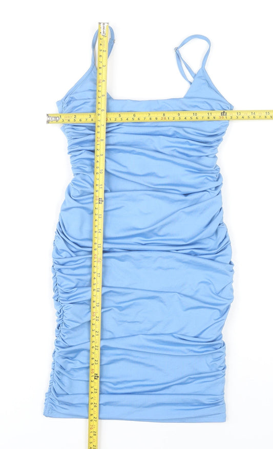 Oh Polly Women’s Blue Size 8 Bodycon Midi Dress Ruched Sleeveless Partywear