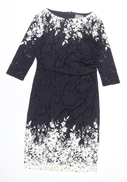 Phase Eight Women’s Black Floral Polka Dot Knee Length Sheath Dress Size 12