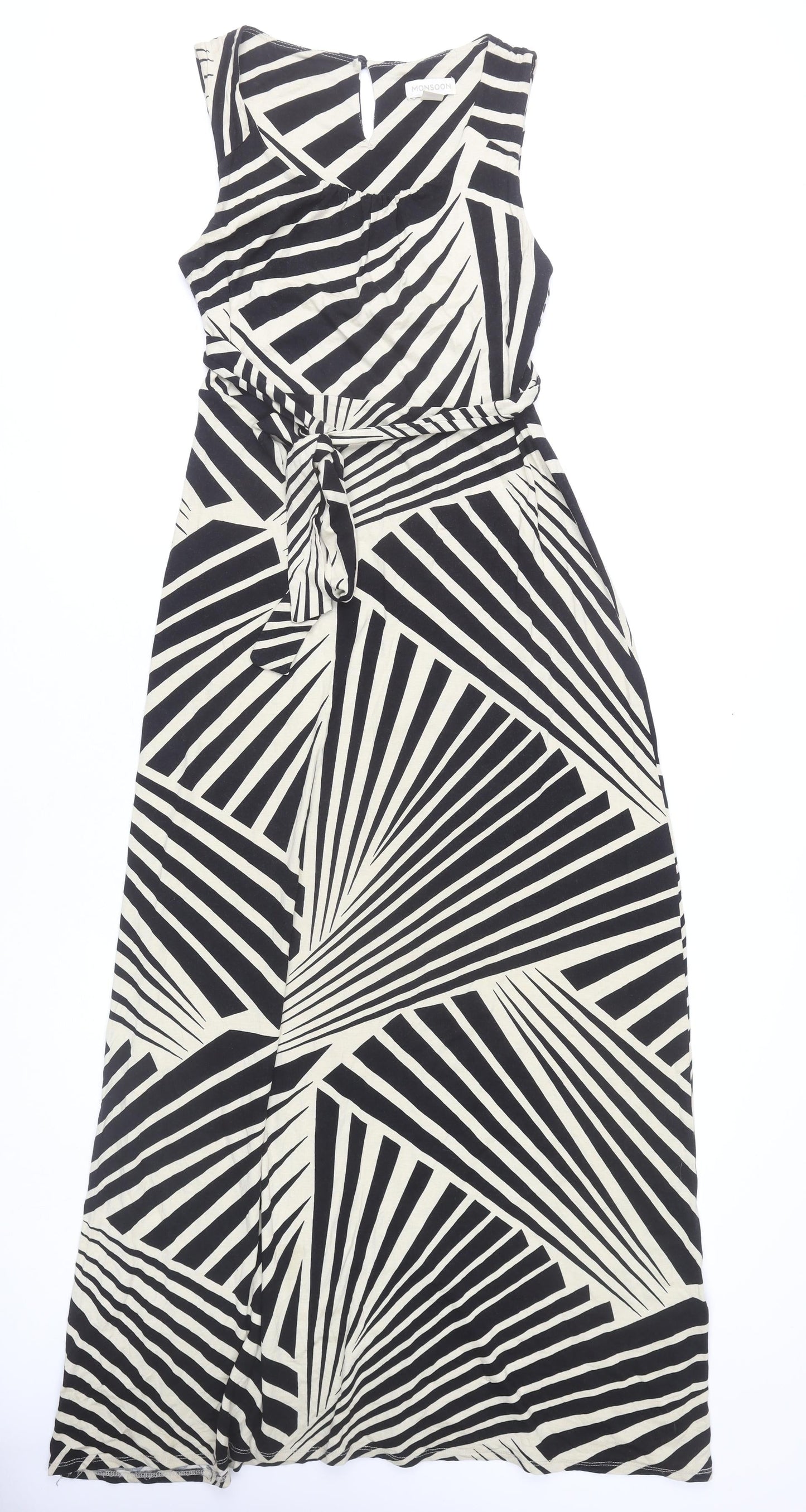 Monsoon Women’s Black Beige Geometric Maxi Dress UK 10 Sleeveless Viscose
