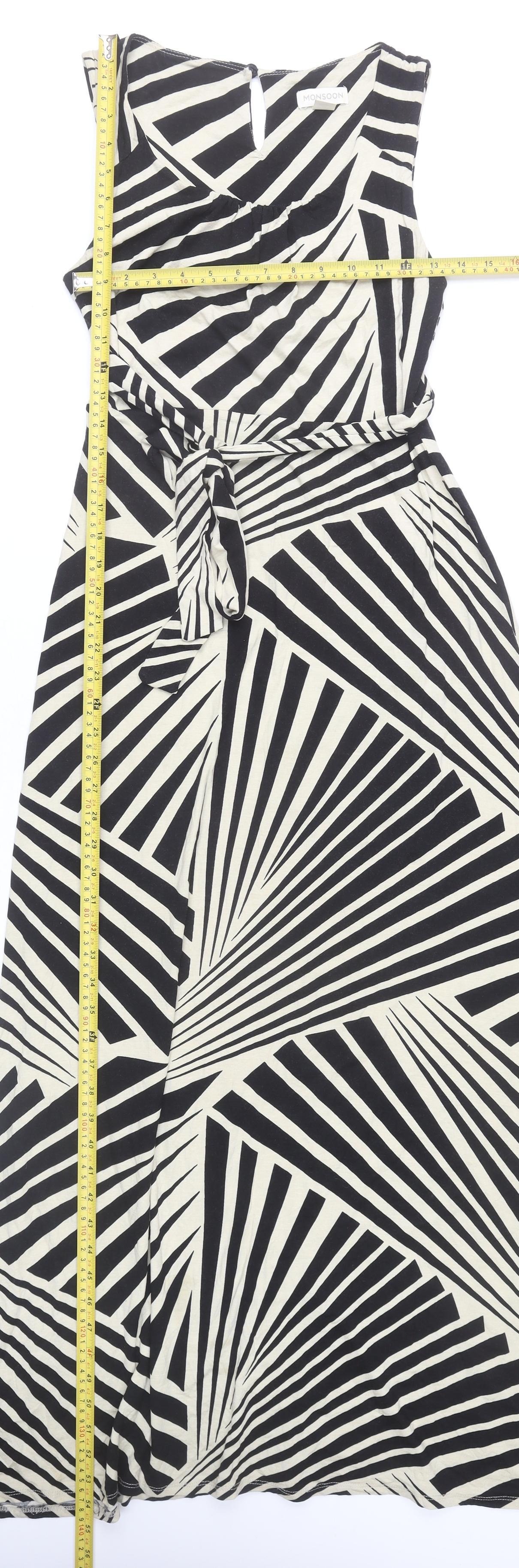 Monsoon Women’s Black Beige Geometric Maxi Dress UK 10 Sleeveless Viscose