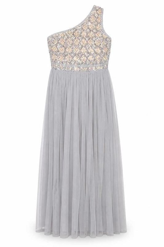 Front view of ASOS Women’s Grey Sequin Maxi One Shoulder Formal Dress, size UK 12