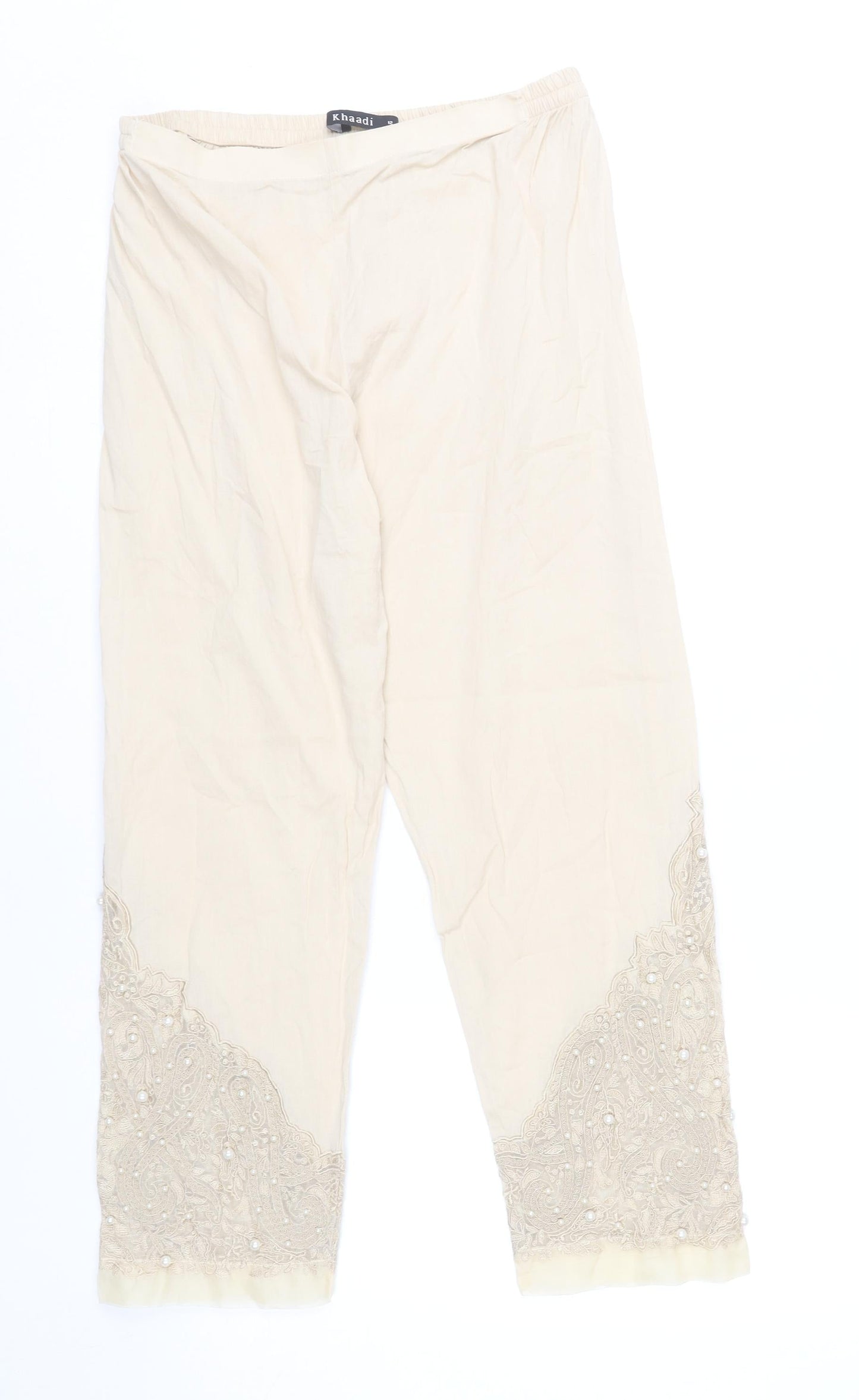 Khaadi Womens Beige Embroidered Cotton Trousers Size 12